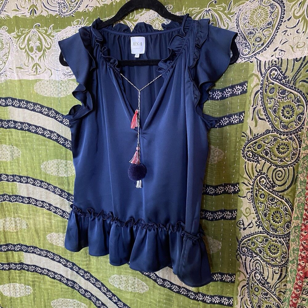 NWOT Misa Blue Fleur Pom Pom Sleeveless V-Neck Satin Blouse Size Extra Small - Picture 8 of 15